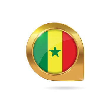 Flag of Senegal, location map pin, pointer flag, button with the reflection of light and shadow, gold frame, Icon country. Realistic vector illustration on white background.