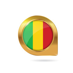 Flag of Mali, location map pin, pointer flag, button with the reflection of light and shadow, gold frame, Icon country. Realistic vector illustration on white background.