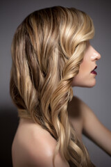 Profile Sexy Blond Fashion Model Posing with Perfect Long Curly Hair in Studio on Grey Background