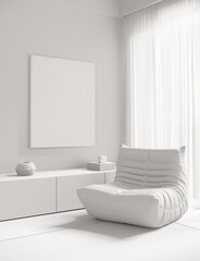 Fototapeta na wymiar 3d render of an all white Poster frame mock-up in a modern white home interior background with a lounge chair