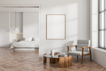 Obraz na płótnie Canvas Bright bedroom and living interior with empty white poster