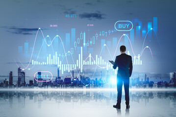 New York skyscrapers financial downtown. Businessman watching at digital interface