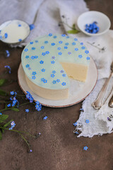 Mousse cake with blue jelly and natural forget-me-not flowers. Beautiful desserts with spring flowers.