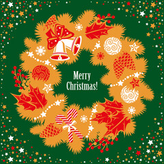 Christmas wreath with decoration elements. Vector illustration. 