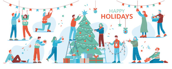 Group of happy young people decorating Christmas tree and preparing for Christmas. Flat cartoon colorful vector illustration. Isolated images on white background.