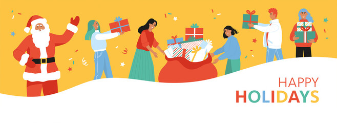 Fototapeta premium Set of happy young cartoon people celebrate Christmas and get presents out of the Santa's bag. Flat colorful vector illustration. 