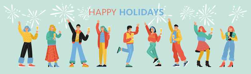 Group of happy young fashion-dressed people celebrating the holidays and holding champagne glasses. Flat cartoon colorful vector illustration. Isolated images on a blue background.