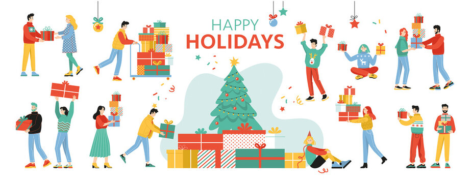 Set of happy people received presents. Flat cartoon colorful vector illustration. Group of joyful people celebrate Christmas and hold gifts. Isolated images on a white background.