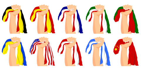 Set of hands holding and raising flags of different countries. Patriotic pride and victory celebration