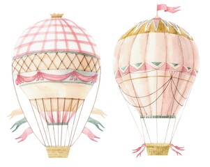 Beautiful image with cute watercolor hand drawn retro vintage air balloon with flags. Stock illustration.