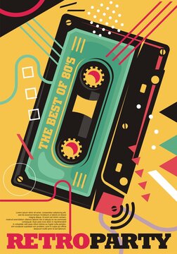 Colorful party invitation or card design template with audio tape an various shapes and elements. Music party event vector poster idea.