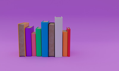 3d illustration, books placed vertically, unequal size and color, mauve background, 3d rendering