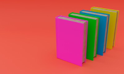 3d illustration, several books, placed vertically, red background, copy space 3d rendering