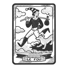 Fototapeta premium Tarot playing card fool jester sketch engraving vector illustration. T-shirt apparel print design. Scratch board imitation. Black and white hand drawn image.