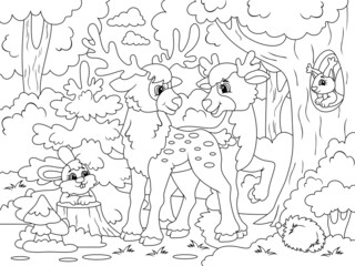 Forest and wild animals, deer and forest dwellers. Raster illustration, children coloring book.