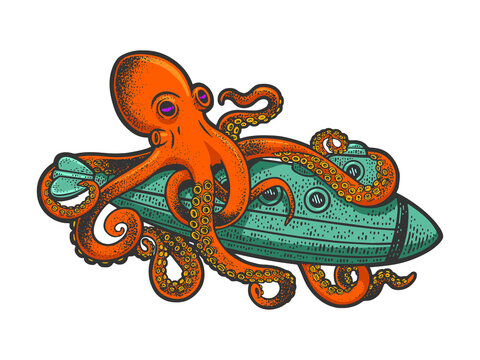 recommend clip art: octopus attacked submarine line art color sketch engraving vector illustration. T-shirt apparel print design. Scratch board imitation. Black and white hand drawn image.