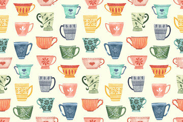 Watercolor and gouache cups and mugs seamless pattern.  Cute, painted design elements. Perfect for wallpaper, gift wrap, textiles, surface design and backgrounds 