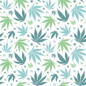 Marijuana background vector. Cannabis silhouette seamless pattern. Green and blue weed leaves on a transparent background
