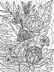 Mix of field flowers with thorns. Background with lines. Raster illustration, coloring book.