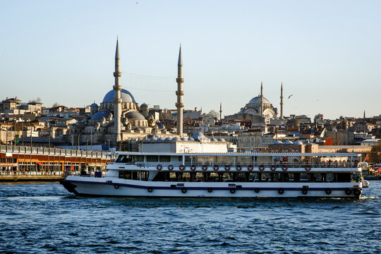 The Public Transport In Istanbul. Boats And Ferries For Transfer People.