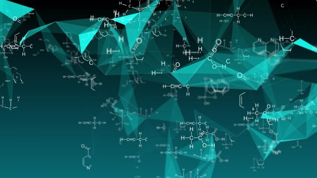 Animation of structural chemical formulas on a white background in abstract digital space.