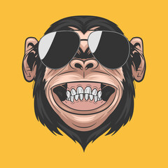 Vector Hand Drawn Smiling Chimpanzee Ape with Sunglasses. Colored Abstract Funny Monkey Head for Wall Art, T-shirt Print, Poster. Cartoon Cute Chimp Monkey Icon, Logo, Illustration
