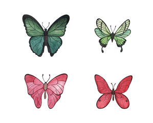 Collection of butterflies, watercolors 
 butterflies,green and pink butterflies isolated on a white background