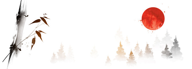 Ink painting landscape with bamboo and misty forest mountains. Traditional oriental ink painting sumi-e, u-sin, go-hua. Translation of hieroglyph - eternity © elinacious