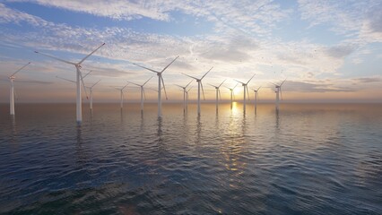 Windmill park. Offshore wind turbines farm on the ocean. Sustainable energy production. Green Energy, clean power, clean energy concept.
