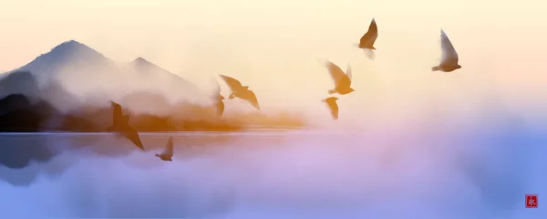 Gordijnen Sunrise landscape with flock of birds flying above the island. Traditional Japanese ink wash painting sumi-e. Translation of hieroglyph - eternity © elinacious