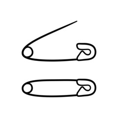 Open and closed safety pin. Hand drawn sketch icons of two sewing pins. Needlework concept. Isolated vector illustration in doodle line style.