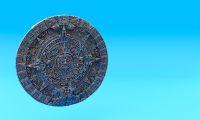 a 3d illustration, aztec calendar, on blue background, copy space, 3d rendering