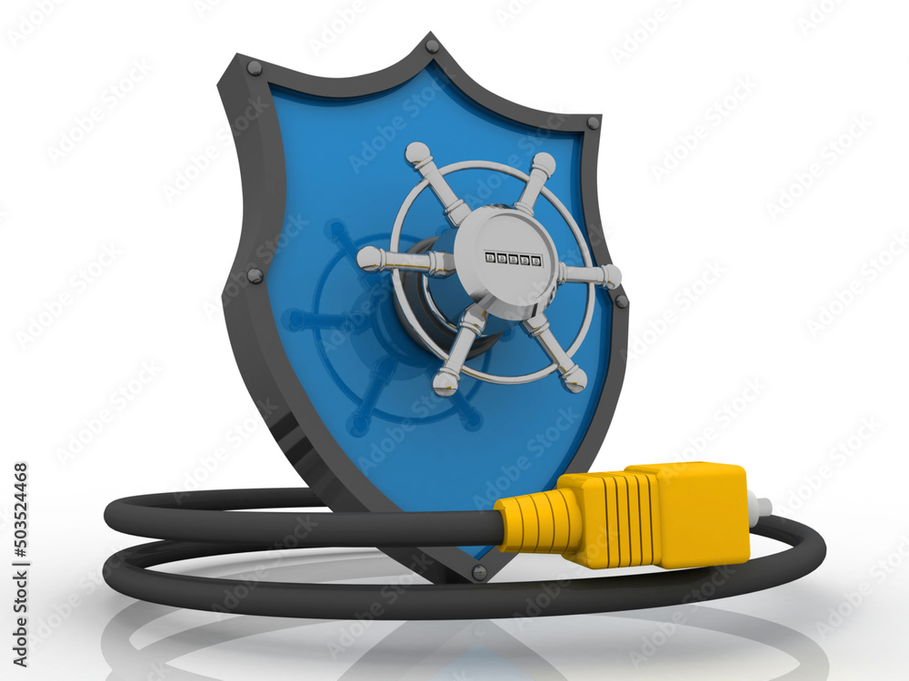 Poster 3d rendering aux cable connected with lock protected shield