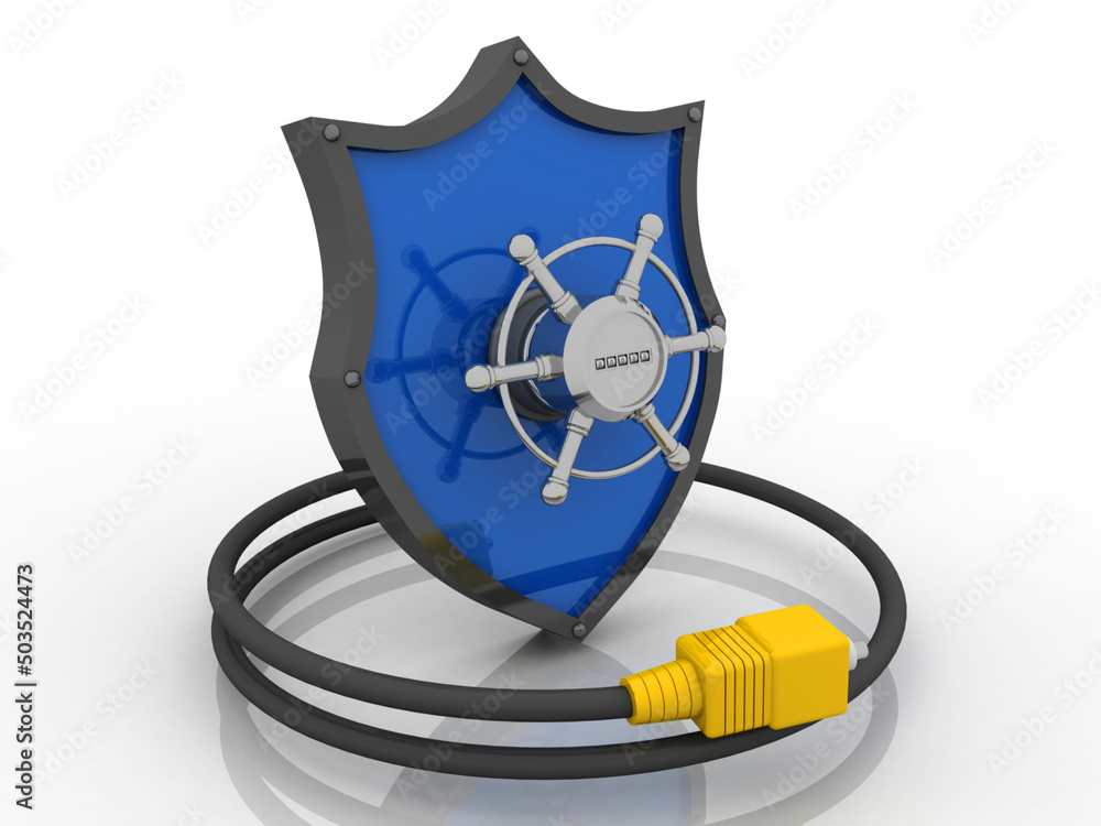 Poster 3d rendering aux cable connected with lock protected shield