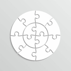Puzzle grid in circle shape. Scheme of thinking game. Jigsaw outline pieces. Modern background with 12 mosaic details. Simple frame tiles. Cutting template. Vector illustration.