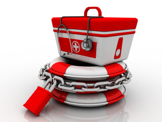 3d rendering First aid kit with stethoscope on lifebelt protection lock