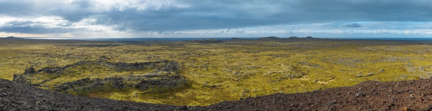 Spectacular volcanic view from Saxholl volcano Crater, Snaefellsnes peninsula, Snaefellsjokull National Park, West Iceland.