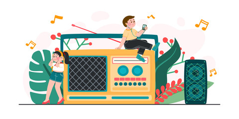 Woman And Man Listen To Music From Radio With Happiness, Vector, Illustration