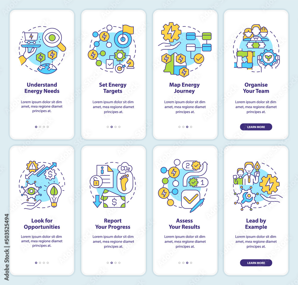 Poster Energy management onboarding mobile app screen set. Asset results walkthrough 4 steps graphic instructions pages with linear concepts. UI, UX, GUI template. Myriad Pro-Bold, Regular fonts used