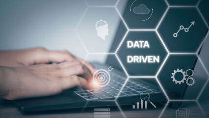 Data driven marketing concept. Data collection icons with Big data analytic message. Marketing technology. Working on computer cubes with data driven. Creative digital development agency.