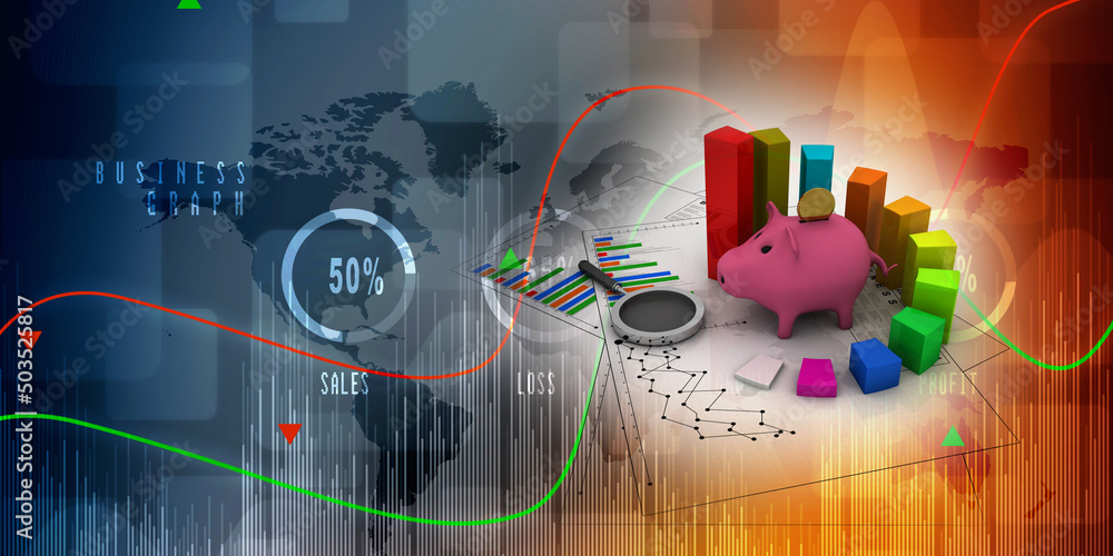 Poster 3d rendering pig coin bank with business graph
