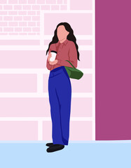 vector illustration of a girl in purple pants.  girl with coffee in her hands, next to a pink brick wall