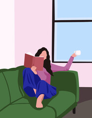 the girl lies on a green sofa with a book in her hands.  Bright cozy room