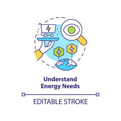 Understand energy needs concept icon. Step to energy strategy abstract idea thin line illustration. Predict consumption. Isolated outline drawing. Editable stroke. Arial, Myriad Pro-Bold fonts used