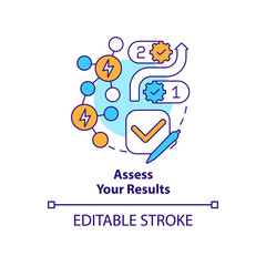 Assess results concept icon. Planning energy management abstract idea thin line illustration. Comparing business processes. Isolated outline drawing. Editable stroke. Arial, Myriad Pro-Bold fonts used