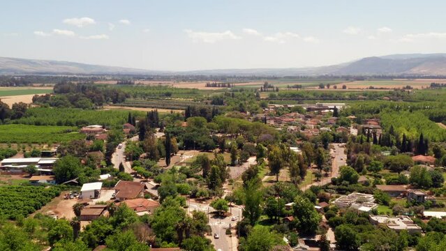 Aerial view of Beit Hillel, a cooperative agricultural community in Northern Israel, Aerial view.

