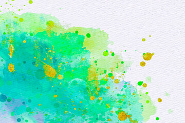 Green and yellow watercolor splashes texture. High resolution ink painted texture for design. Seamless texture. There is blank place for text, textures design art work or skin product. Hand painted.