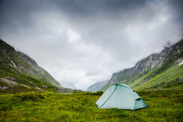 Camping tent in a morning light