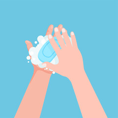 Handwash process. Washing hands with soap to prevent covid, virus and bacteria. Hygiene concept. Vector illustration isolated.	