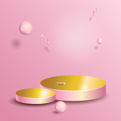 Two oval podiums on a pink background with balls and serpentine. Summer background vector 3d rendering with podium. stand for the demonstration of cosmetic products. 